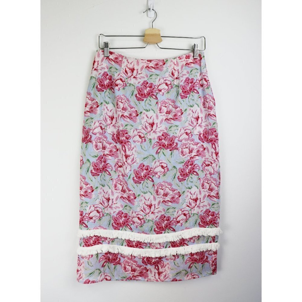 NWT WAYF Tamera Linen Midi Skirt Sky Blue Pink Floral Print Fringe Trim Medium